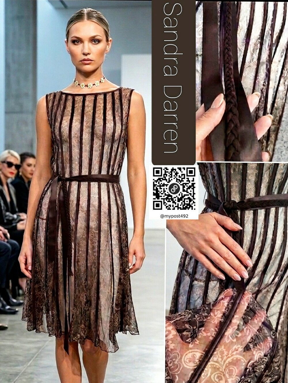 Sandra Darren🤎Sheer Brown Striped Sheer Dress with Braided Satin Sash
